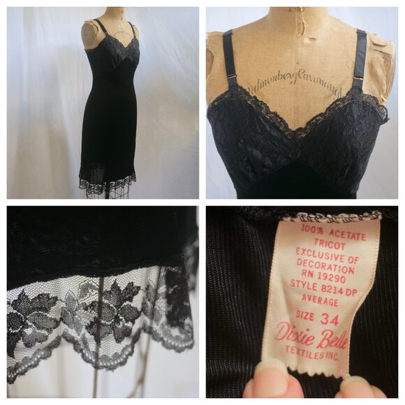 vtg 60s DIXIE BELLE Black Acetate Tricot Full Slip Dress Floral LACE 34 S/M - Picture 1 of 9